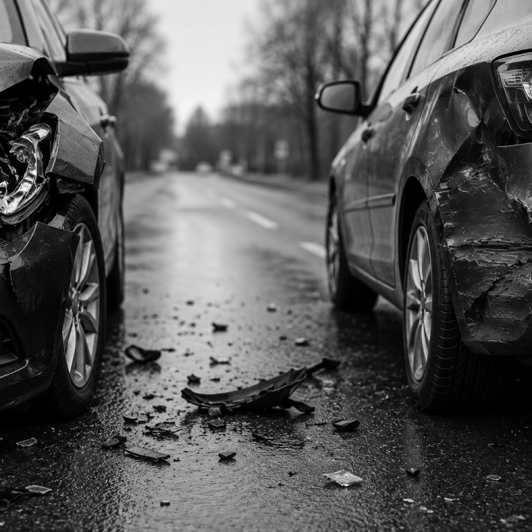 Zwei stark beschädigte Autos stehen auf einer nassen, unübersichtlichen Straße.