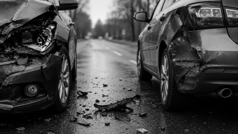 Zwei stark beschädigte Autos stehen auf einer nassen, unübersichtlichen Straße.